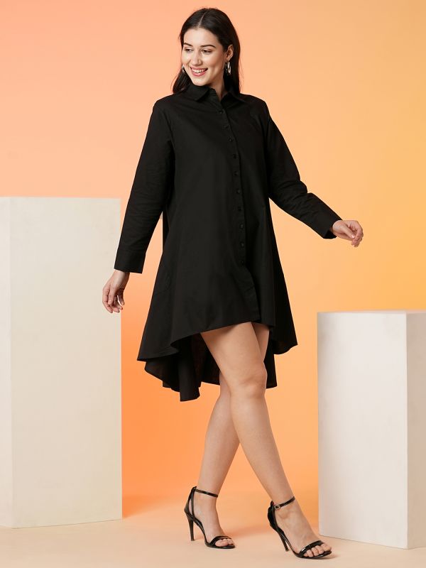 Globus Women Black Shirt Collar Cuffed Sleeves Pleated High-Low Hem Loose Fit A-Line Dress