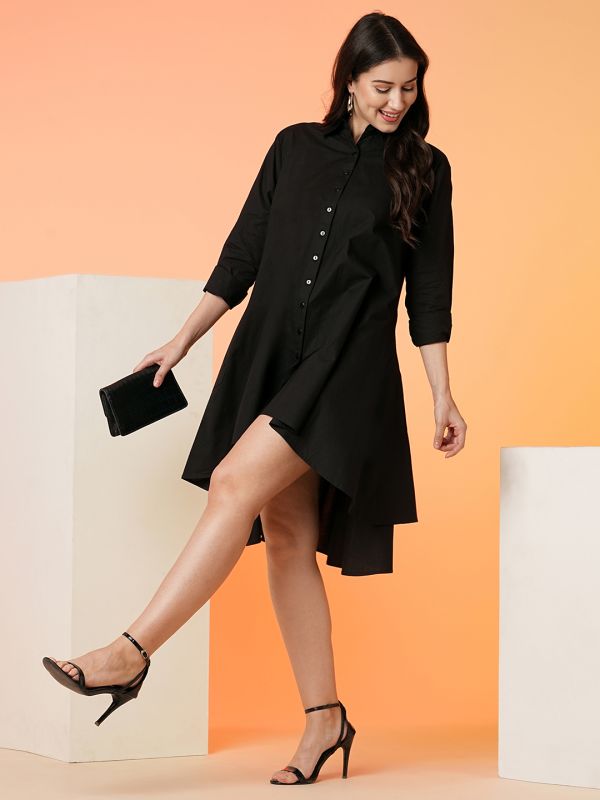 Globus Women Black Shirt Collar Cuffed Sleeves Pleated High-Low Hem Loose Fit A-Line Dress