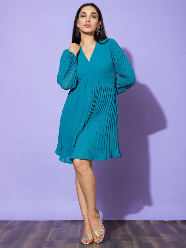 Globus Women Teal Solid V-Neck Bishop Sleeves Fit & Flare Casual Dress