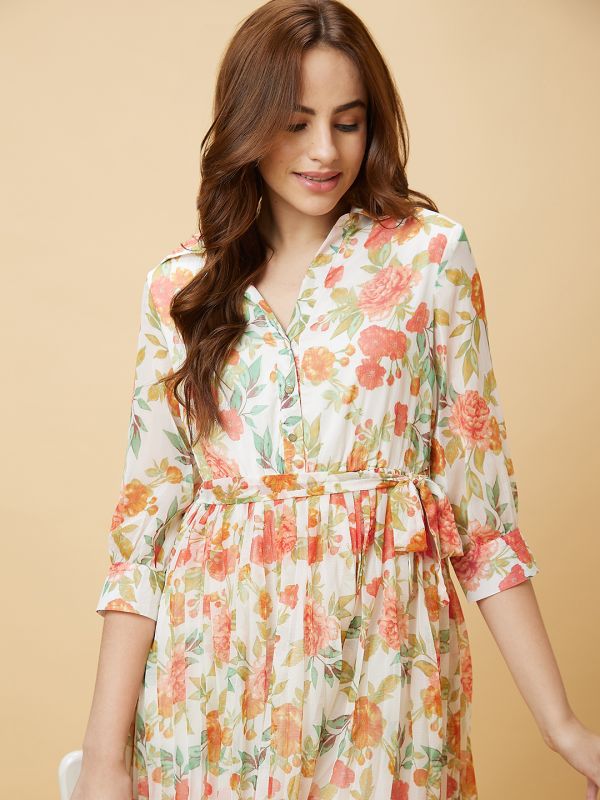 Globus Women Multi Floral Print Flared Shirt Collar Cuff Sleeves Tie-Up with Belt A-Line Dress