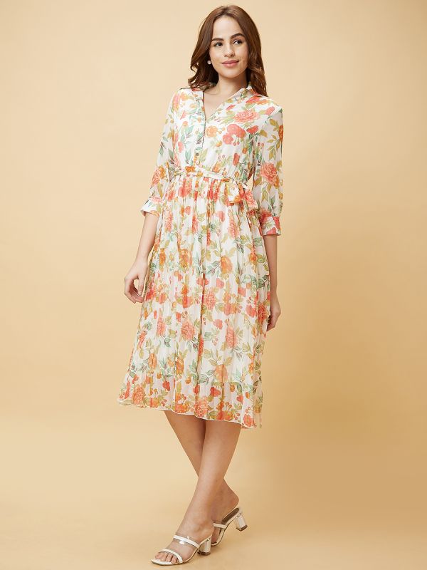 Globus Women Multi Floral Print Flared Shirt Collar Cuff Sleeves Tie-Up with Belt A-Line Dress