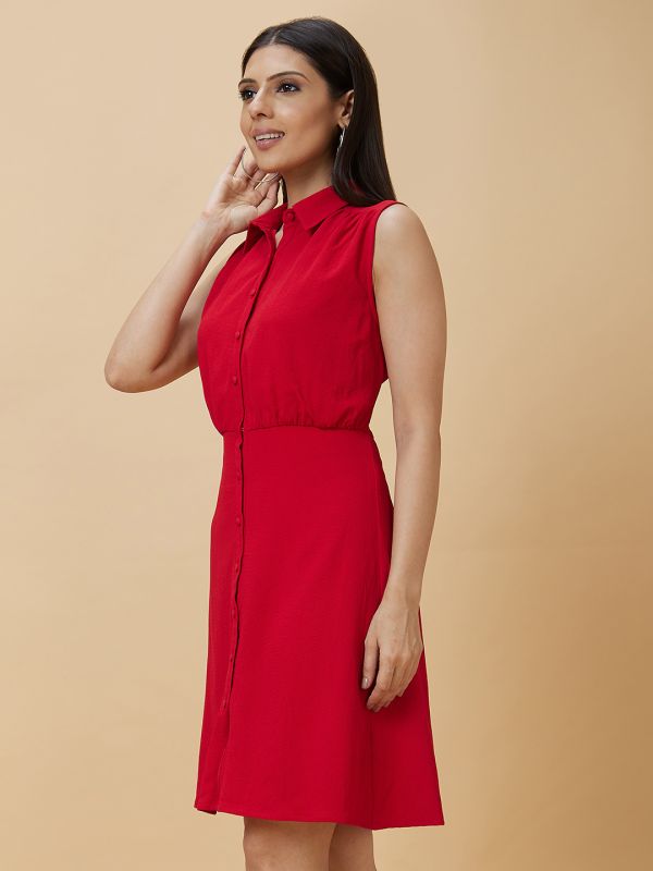 Globus Women Red Solid Shirt Collar Fit To Flare Casual Midi Dress