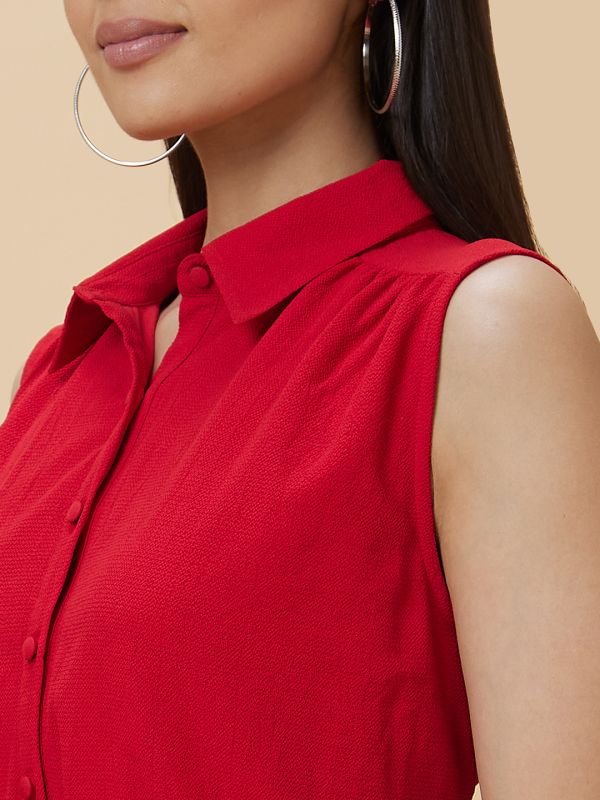 Globus Women Red Solid Shirt Collar Fit To Flare Casual Midi Dress