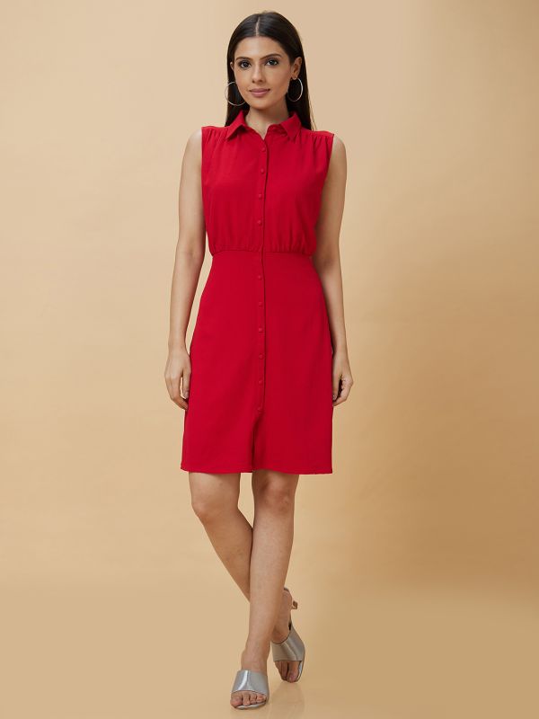 Globus Women Red Solid Shirt Collar Fit To Flare Casual Midi Dress