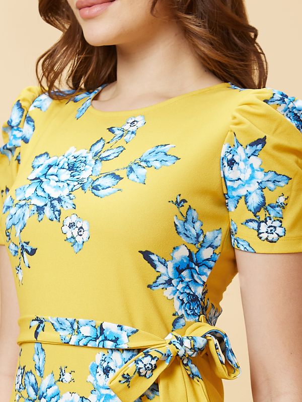 Globus Women Yellow Floral Print Puff Sleeves Round Neck Bodycon Mini Dress