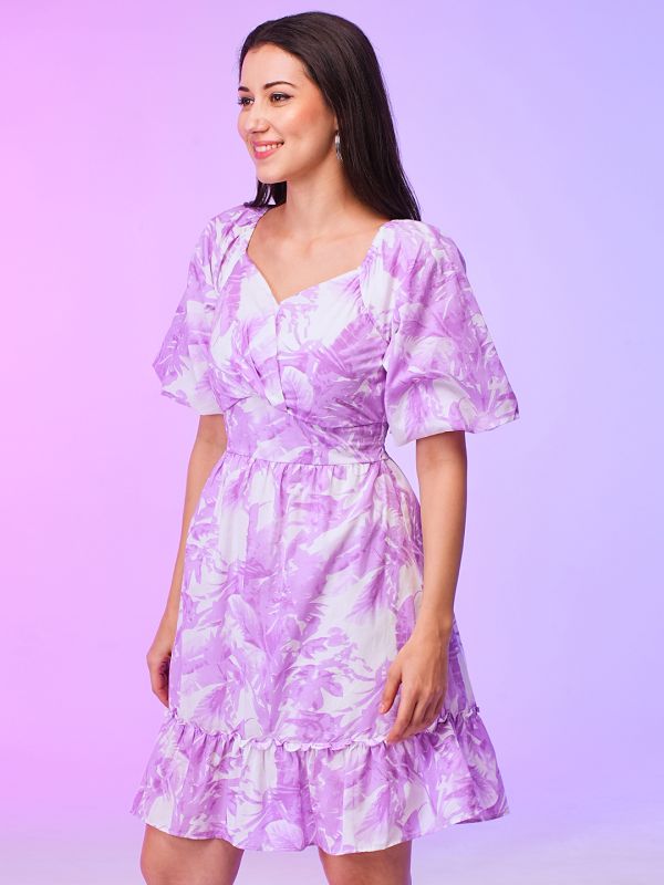 Globus Women Lavender Floral Print Wrap Neck Balloon Sleeves Fit & Flare Summer Dress