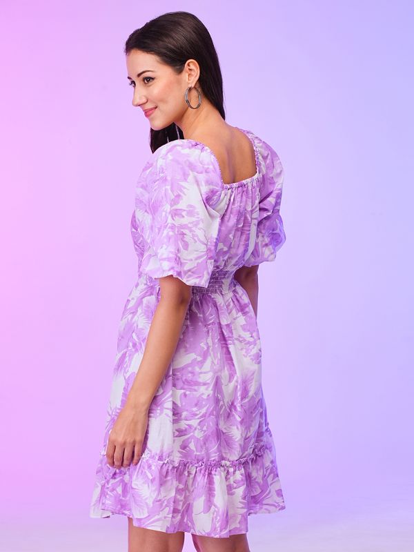 Globus Women Lavender Floral Print Wrap Neck Balloon Sleeves Fit & Flare Summer Dress