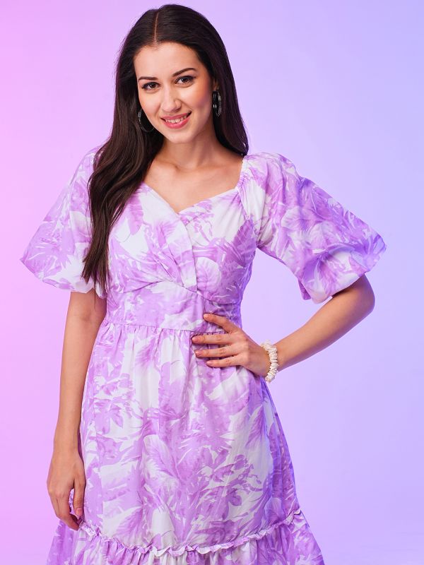 Globus Women Lavender Floral Print Wrap Neck Balloon Sleeves Fit & Flare Summer Dress