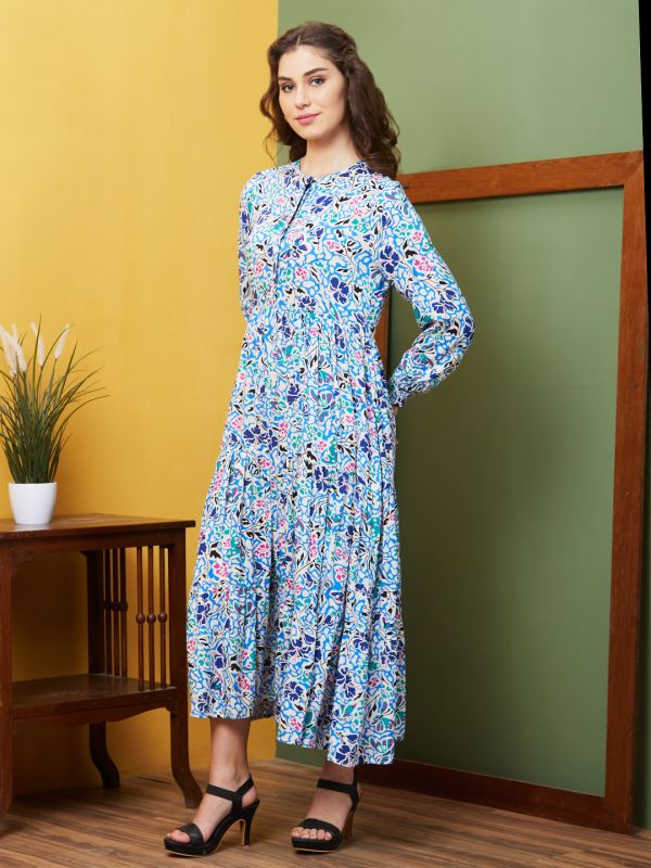 Globus Women Multi White Printed Casual Round Neck Maxi Dress