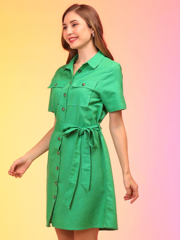 Globus Women Green Belted Shirt Style Dress with Straight Hem