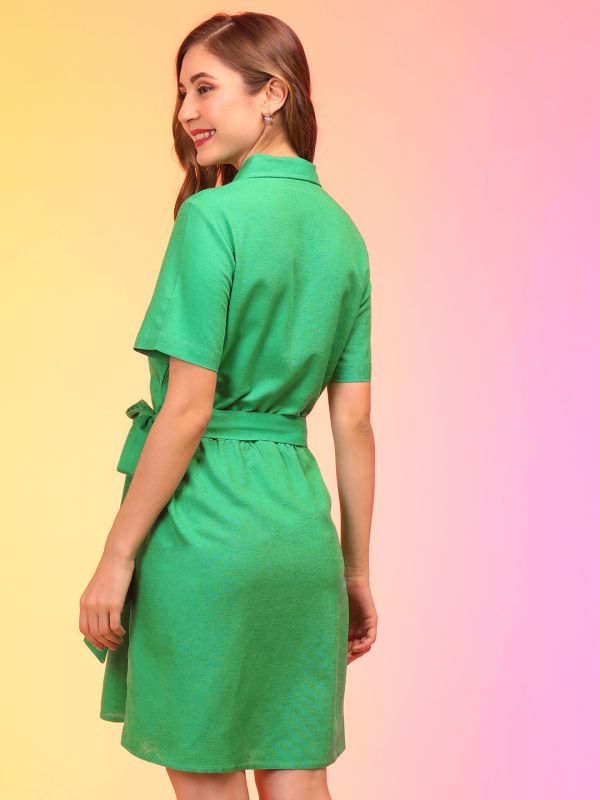 Globus Women Green Belted Shirt Style Dress with Straight Hem