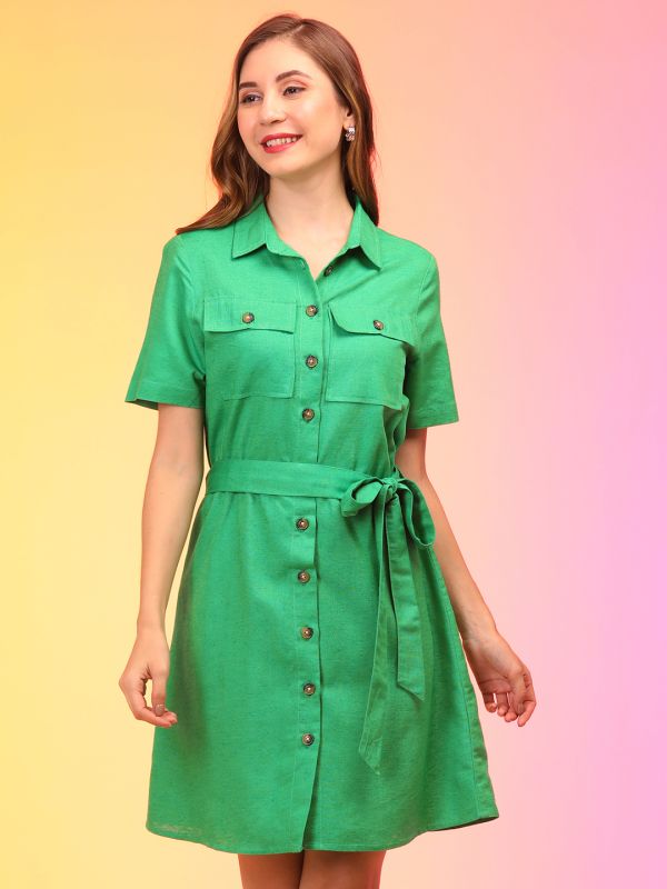 Globus Women Green Belted Shirt Style Dress with Straight Hem