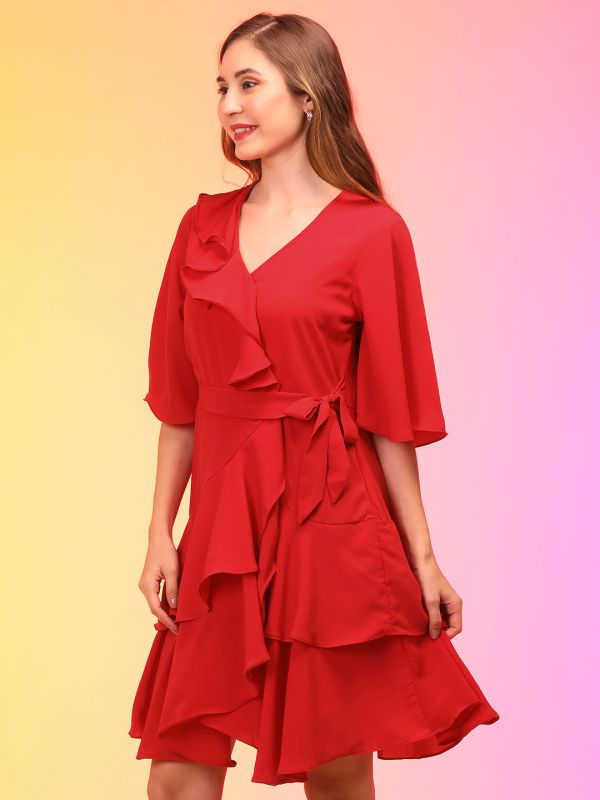 Globus Women Red Wrap Neck Ruffle Asymmetric Party Dress