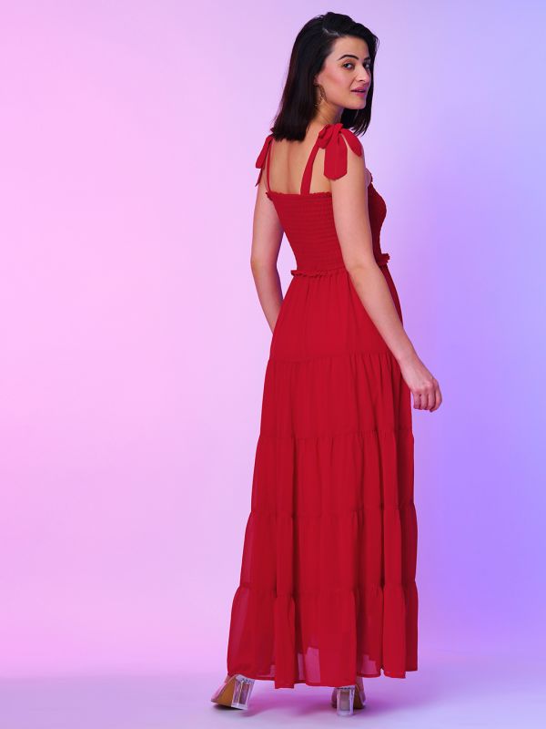 Globus Women Red Fit & Flare Tie-Up Maxi Dress