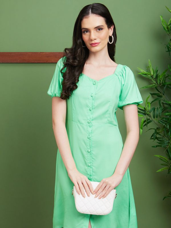 Globus Women Green Solid Sweetheart Neck A-Line Casual Dress