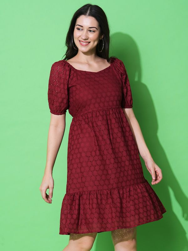 Globus Women Maroon Puff Sleeves Sweetheart Neck A-Line Schiffli Dress