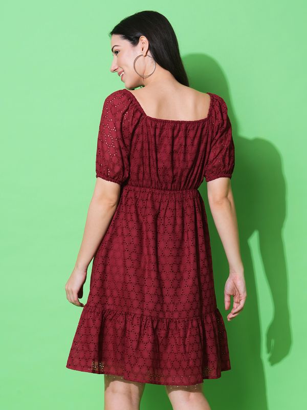 Globus Women Maroon Puff Sleeves Sweetheart Neck A-Line Schiffli Dress