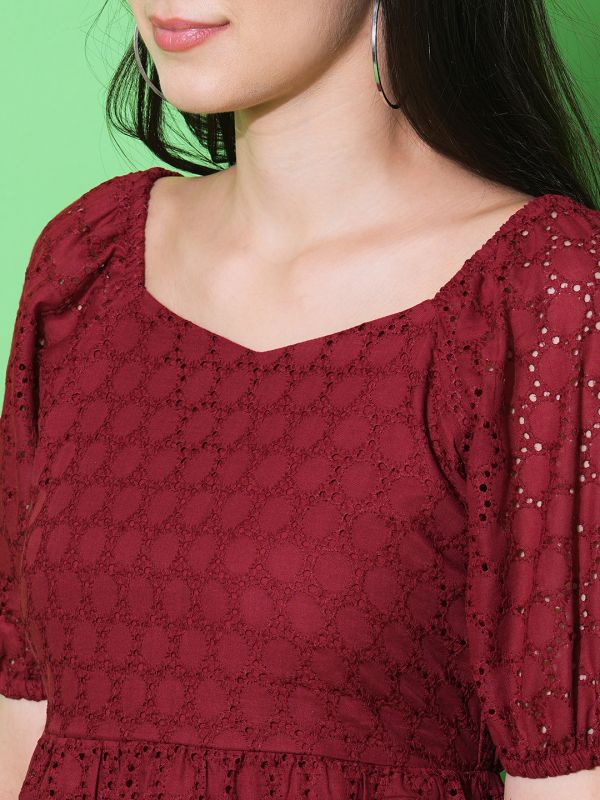 Globus Women Maroon Puff Sleeves Sweetheart Neck A-Line Schiffli Dress