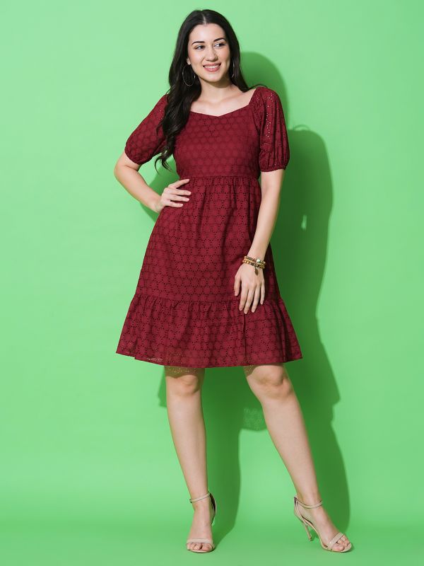 Globus Women Maroon Puff Sleeves Sweetheart Neck A-Line Schiffli Dress