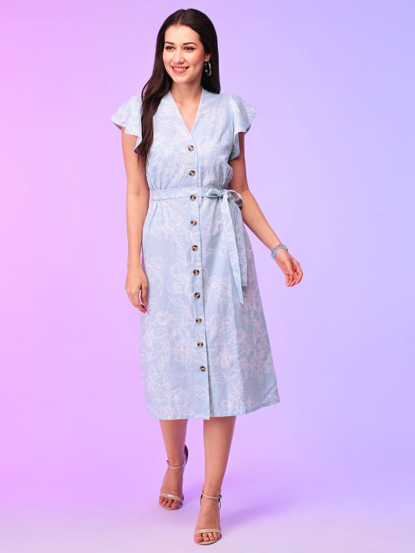 Globus Women Blue Floral A-Line Summer Midi Dress With Belt Tie-Up