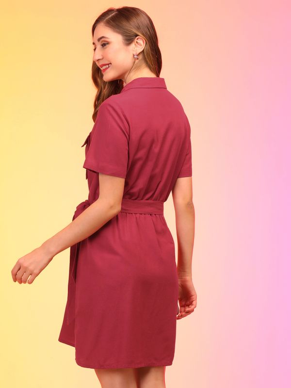 Globus Women Red Belted Shirt Style Straight Hem Dress 