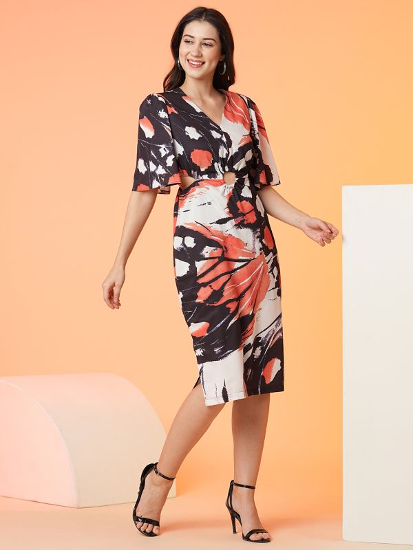 Globus Women Orange Abstract Printed V-Neck Flared Sleeves Cut-Outs Detail Sheath Midi Dress