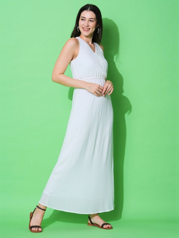 Globus Women White Wrap Neck Side Slit Maxi Summer Dress