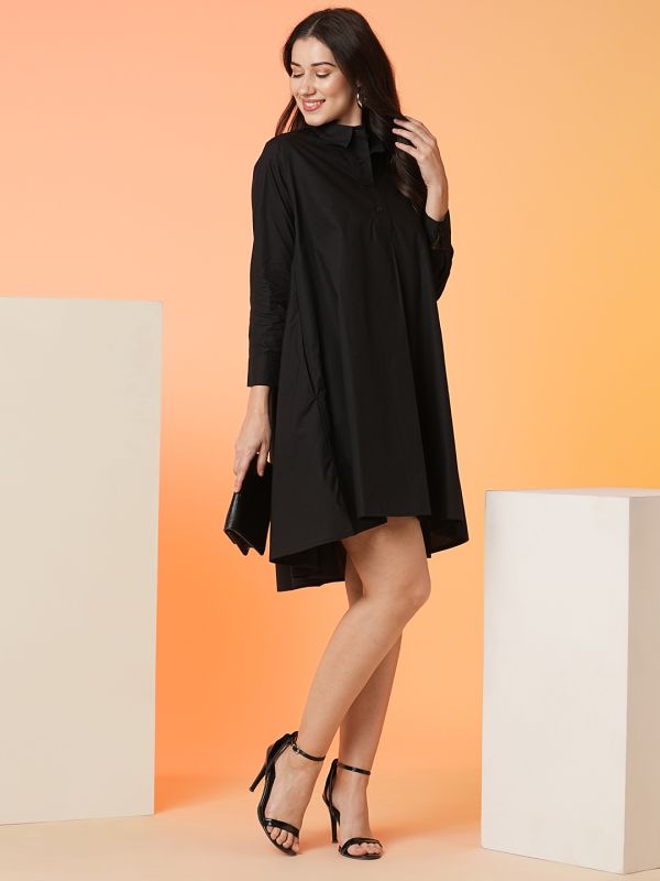 Globus Women Black Asymmetric Hem Loose Fit A-Line Dress