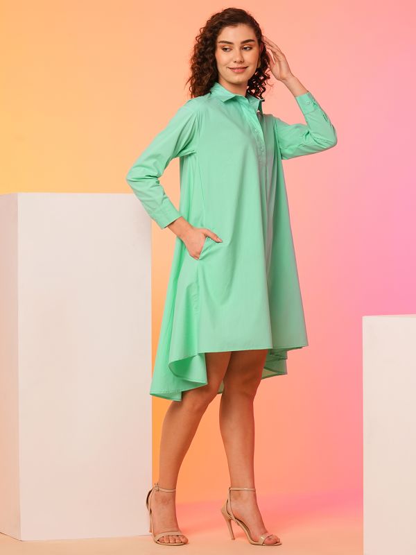 Globus Women Green Asymmetric Loose Fit A-Line Dress