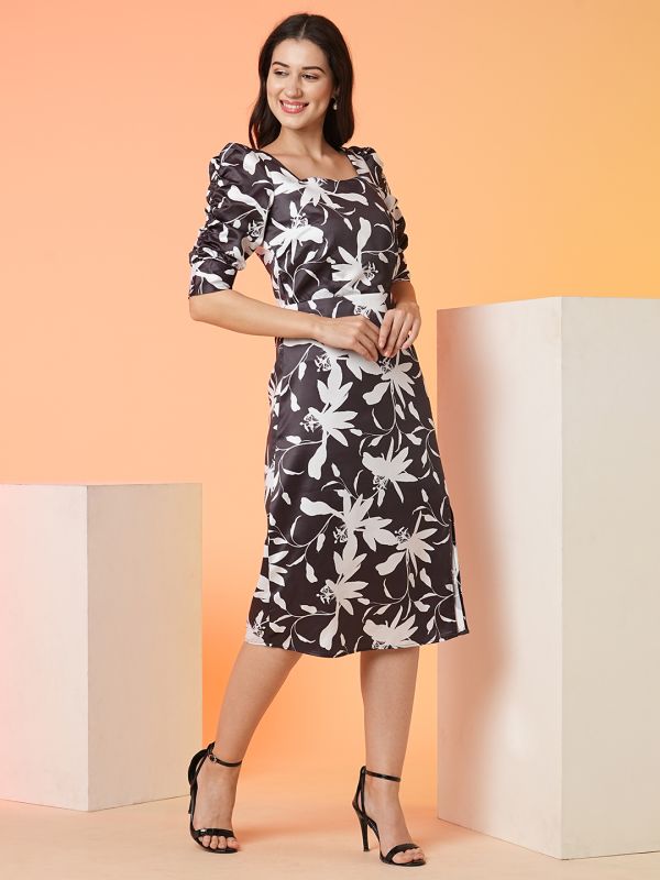 Globus Women Black Floral Smocked Fit & Flare Midi Dress