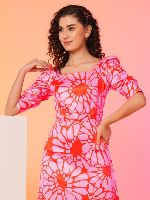 Globus Women Pink Floral Square Neck A-line Midi dress