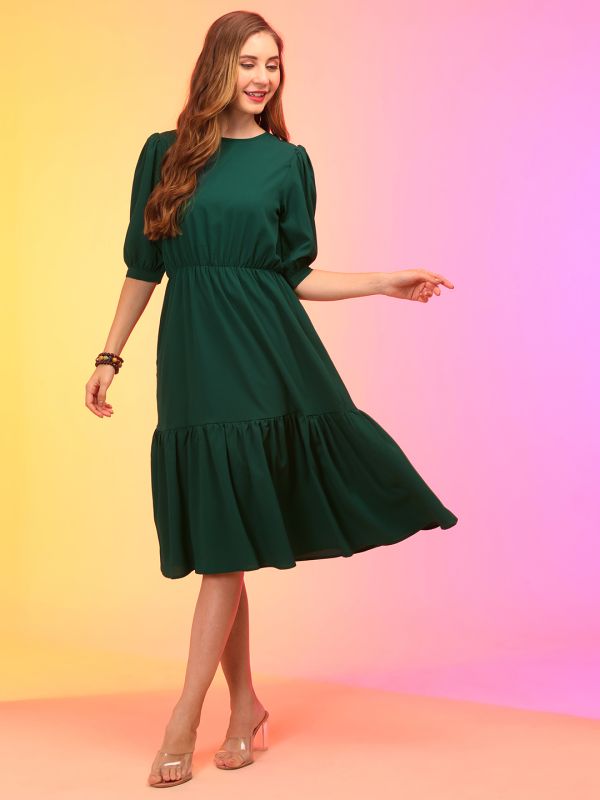 Globus Women Green Puff Sleeve Fit & Flare Midi Dress