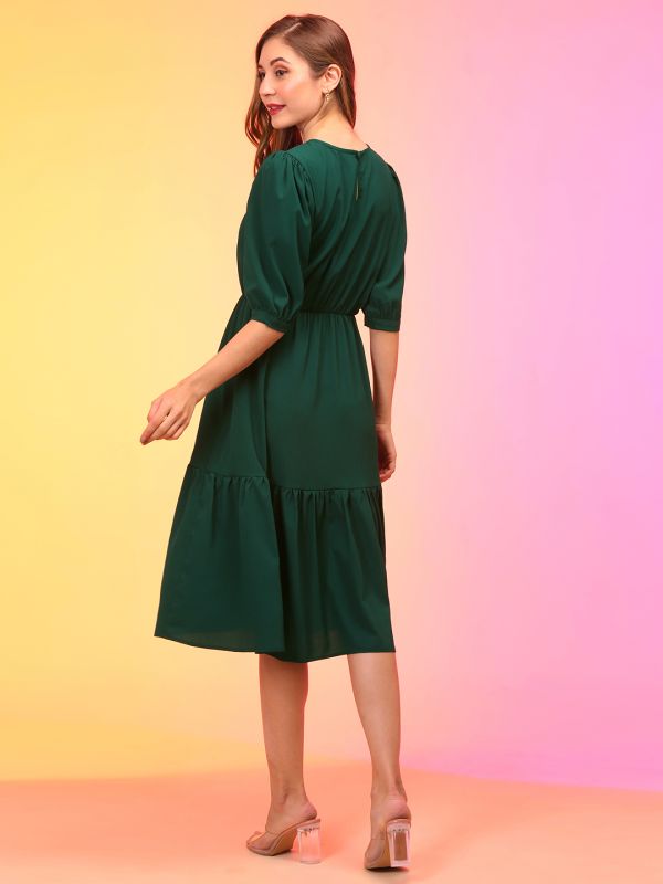 Globus Women Green Puff Sleeve Fit & Flare Midi Dress