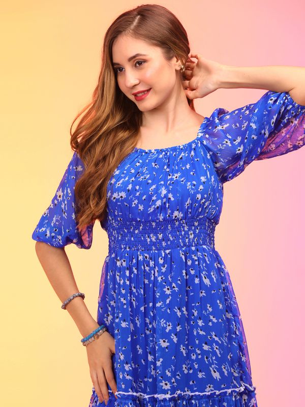 Globus Women Blue Floral Puff Sleeve Fit & Flare Midi Dress