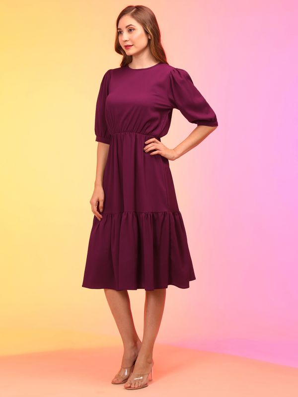 Globus Women Wine Puff Sleeve Fit & Flare Midi Dress