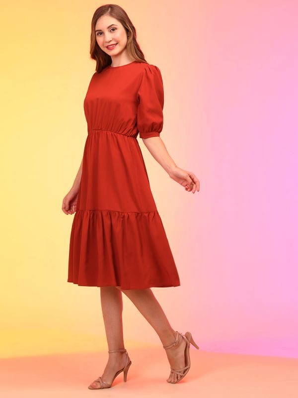 Globus Women Rust Puff Sleeve Fit & Flare Midi Dress