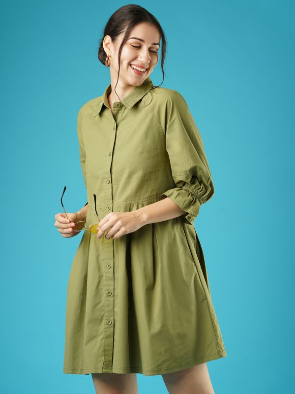 Globus Women Green Raglan Sleeves Gathered Oversized Above Knee Shirt Style Dress