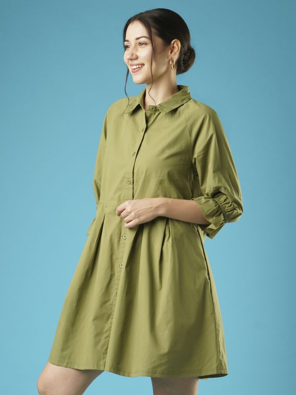 Globus Women Green Raglan Sleeves Gathered Oversized Above Knee Shirt Style Dress