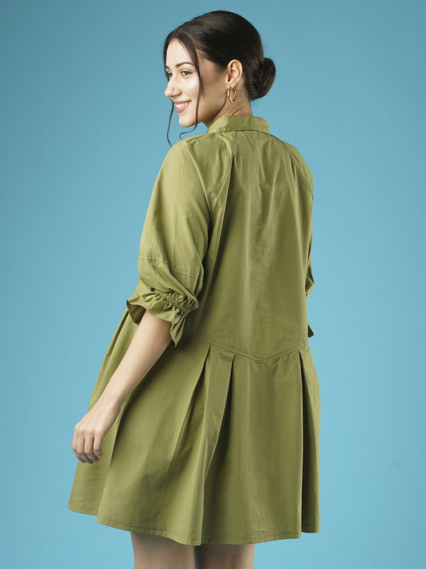 Globus Women Green Raglan Sleeves Gathered Oversized Above Knee Shirt Style Dress