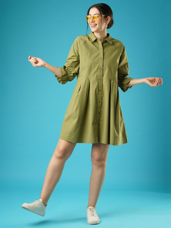 Globus Women Green Raglan Sleeves Gathered Oversized Above Knee Shirt Style Dress