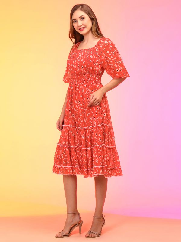 Globus Women Red Floral Puff Sleeve Fit & Flare Midi Dress