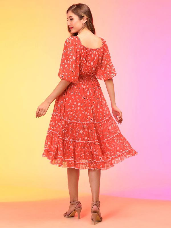 Globus Women Red Floral Puff Sleeve Fit & Flare Midi Dress