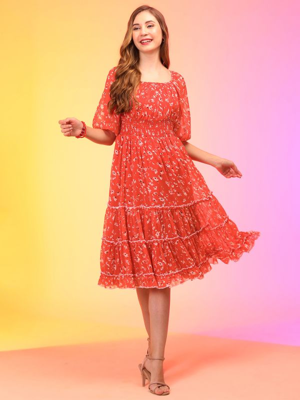 Globus Women Red Floral Puff Sleeve Fit & Flare Midi Dress