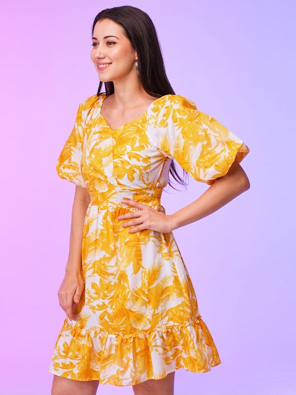 Globus Women Yellow Floral Print Wrap Neck Balloon Sleeves Fit & Flare Summer Dress