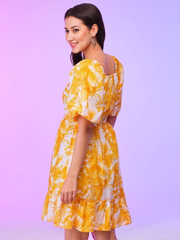 Globus Women Yellow Floral Print Wrap Neck Balloon Sleeves Fit & Flare Summer Dress