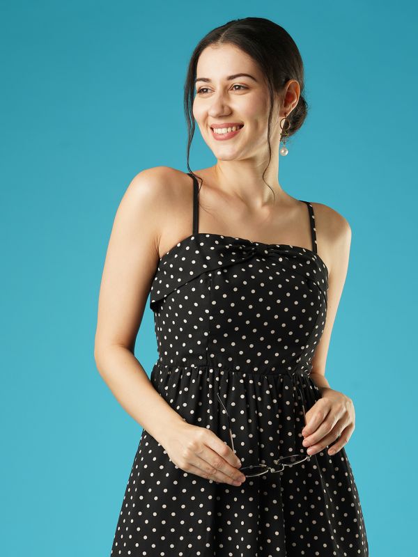 Globus Women Black Polka Dots Square Neck Strappy Shoulder Bow Design Panelled A-Line Midi Party Dress