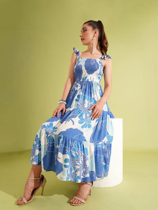 Globus Women White & Blue Floral Print Square Neck Strappy Sleeves Smocked Tiered Fit & Flare Midi Dress