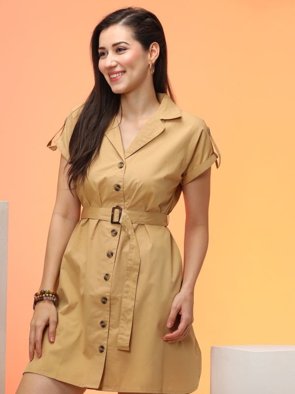 Globus Women Khaki Utility Inspired Curved Hem Workwear Shirt Dress With Belt