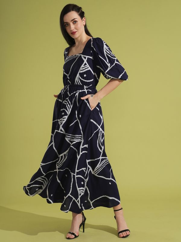 Globus Women Blue Abstract Print Square Neck Puff Sleeves Fit & Flare Maxi Dress