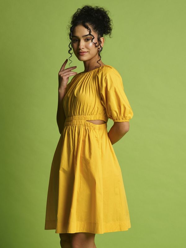 Globus Women Yellow Puff Sleeves Gathered Cut-Outs Waist Knee Length Fit & Flare Dress